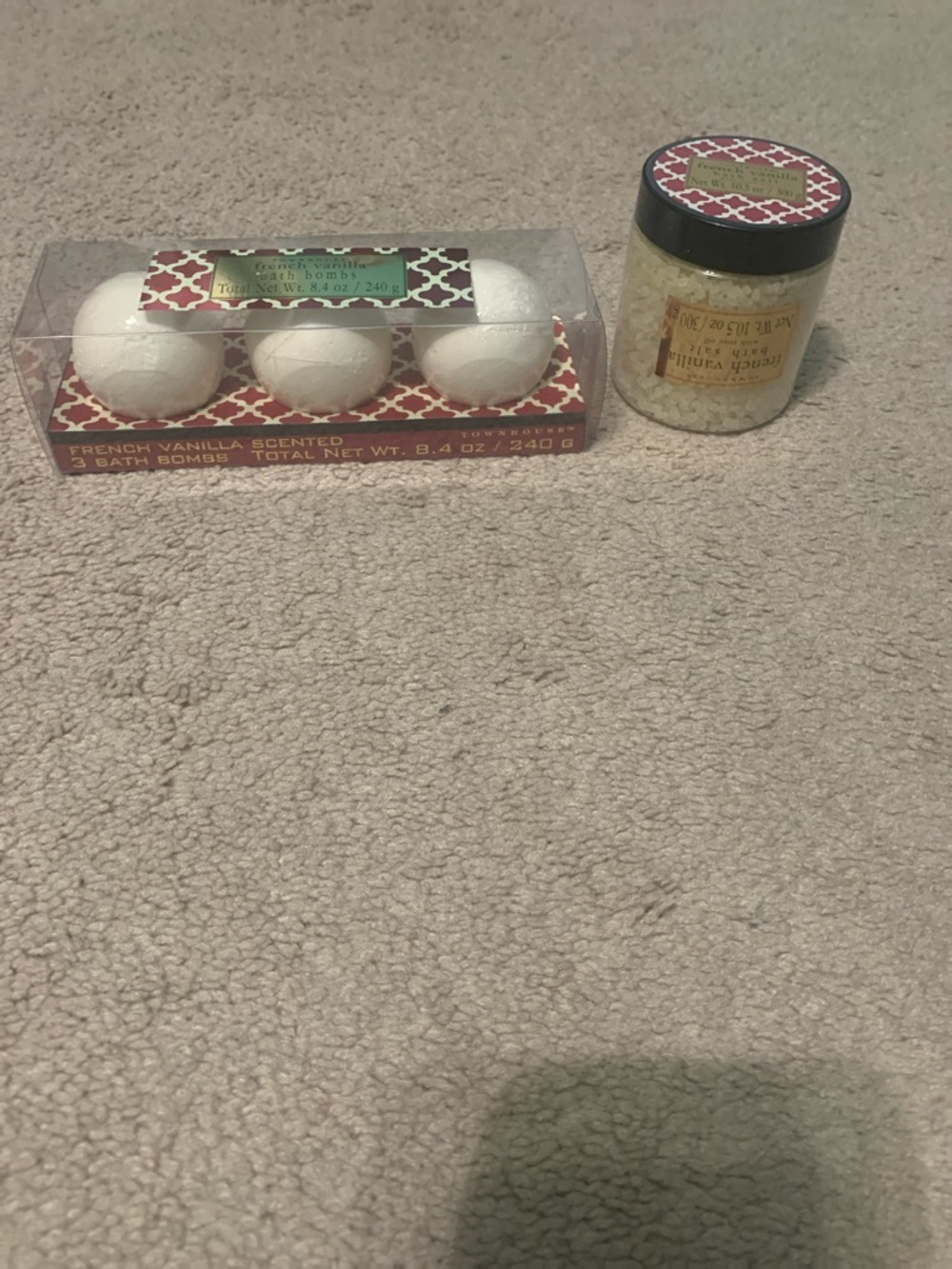 French Vanilla Scented White Bath Bombs - 3 Pack and bath salt.